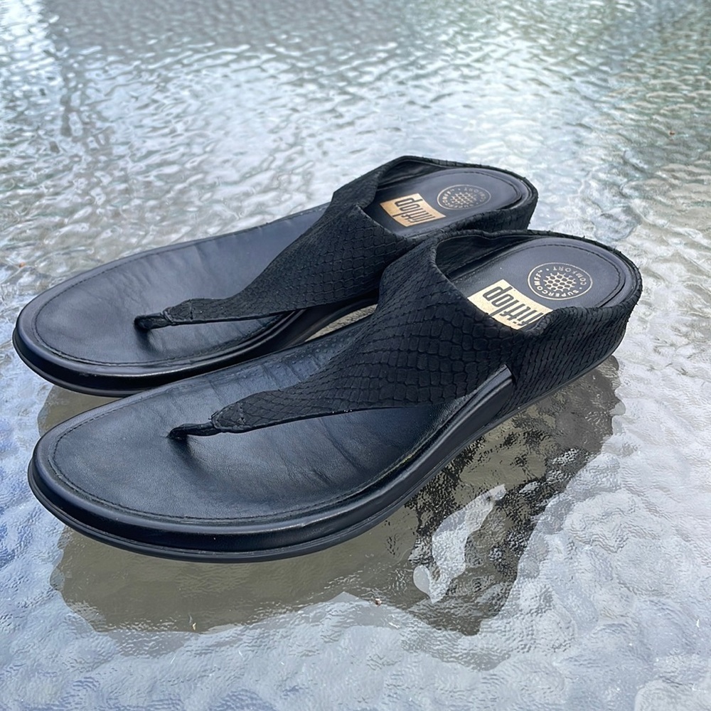 Fitflop Sandals Banda Thong Womens Sz 8 Black Leather Comfort L88-001 Fit Flops